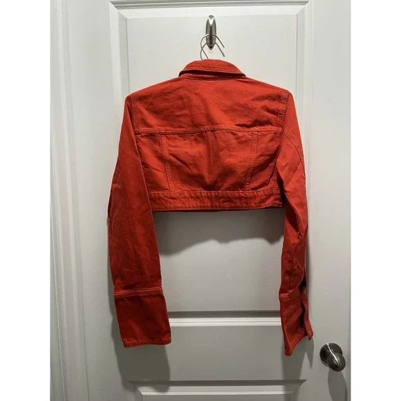 Zara Cropped Denim Jacket Dark Orange Size S Blogger Fav Cotton - Picture 8 of 8